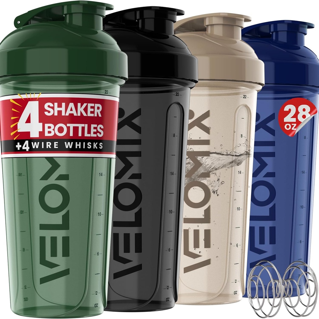 VELOMIX - 4 PACK- 28 oz Shaker Cups for Protein Shakes - 4x Wire Whisk | Leak Proof Protein Shaker Pudelid valgusegud | Protein Shaker Bottle Pack | Segaja Proteiin Shakes (Forest Edge)