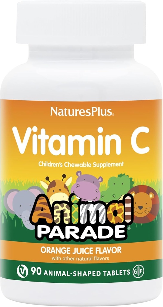 NaturesPlus Animal Parade C-vitamiin Laste näritav - looduslik apelsinimahl - 90 loomakujulist tabletti, pakend 2 - vegan, taimetoitlane, gluteenivaba - 90 kokku