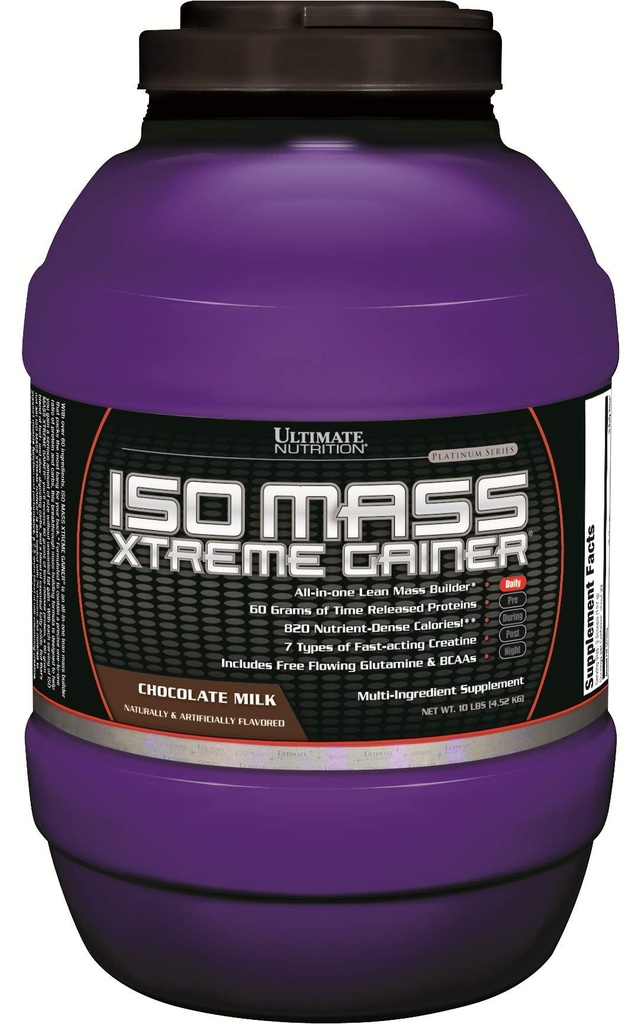 Ultimate Nutrition ISO Mass Xtreme Gainer, Weight Gainer Protein Pulber kreatiiniga, 60 grammi valku, vadak Isolaatvalgu pulber lahja lihaskasvu jaoks, 10 LBS 30 portsjoniga, šokolaad