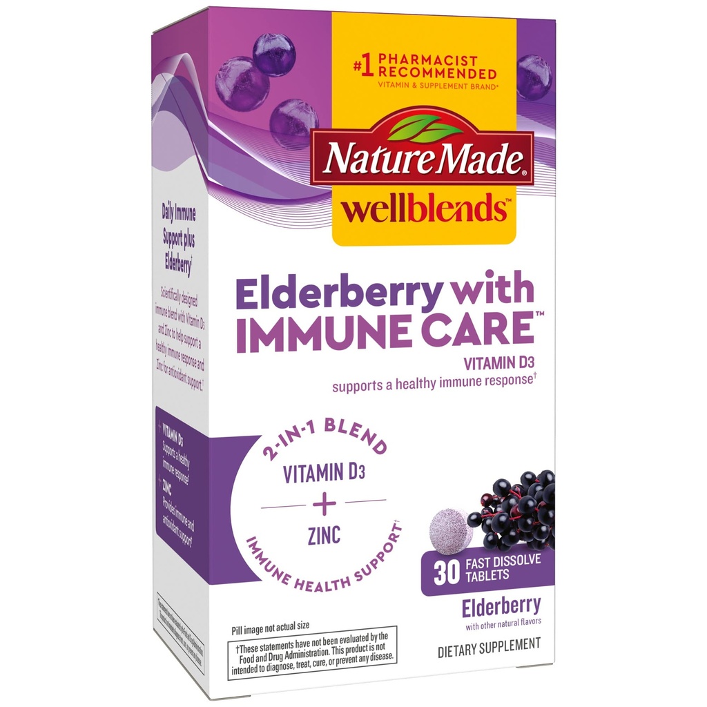 Nature Made Wellblends Elderberry koos ImmuneCare, Vitamiin D3 ja tsink, Elderberry Maitse, 30 Kiire lahustuv tablett