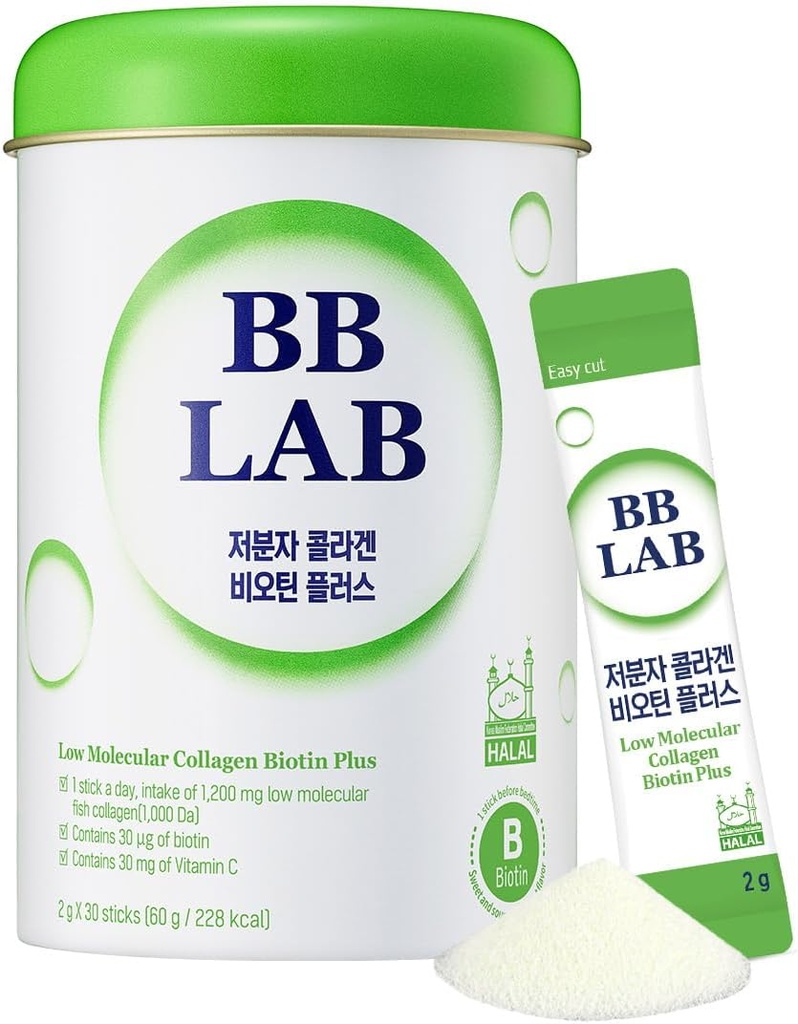 BB LAB Madal molekulaarne kollageen Biotin Plus , halal kollageen , pulbrilisand , Korea mere kollageen , kala kollageenpeptiidid , biotiin , C- vitamiin , kiire imendumine , Sära muskaat Maitse