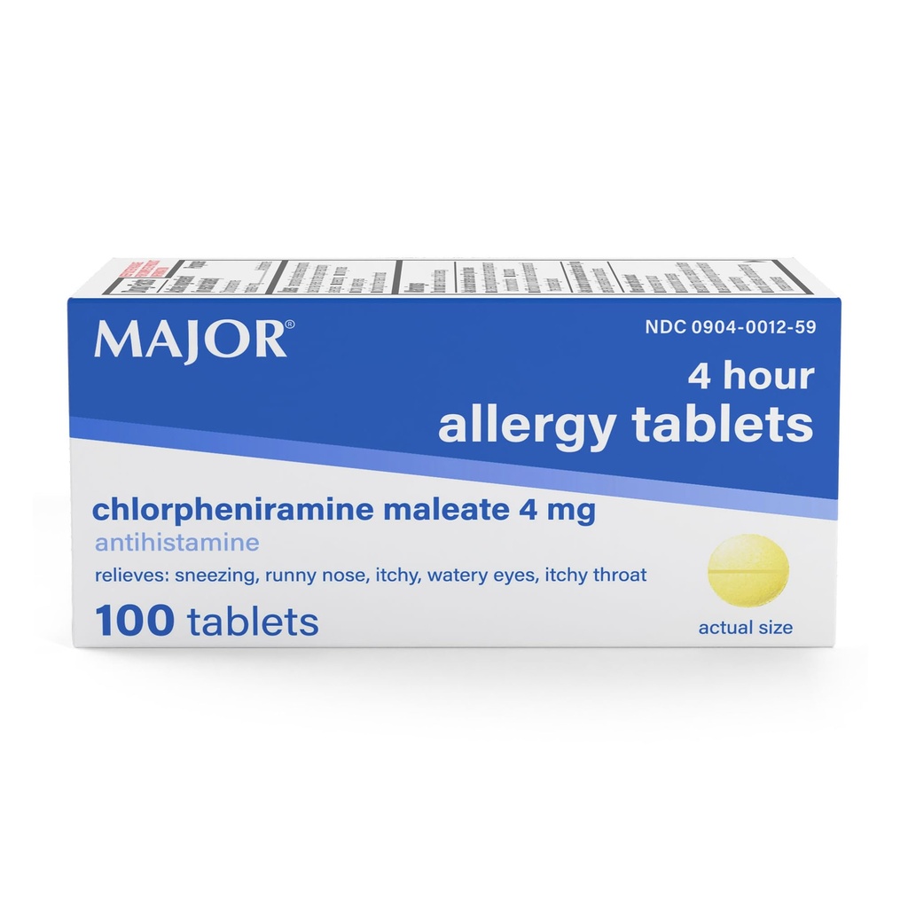 MAJOR 4 Mg Allergiatabletid - Klorfeniramiin Maleaat 4-tunnine allergia meditsiin - Antihistamiin aevastamise leevendamiseks, sügelevad vesised silmad, sügelev kurk ja runny nina - 100 loend (1 pakend)
