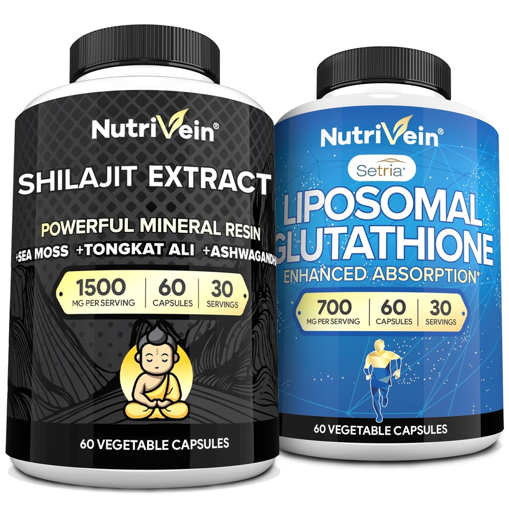 Nutrivein Premium Shilajit kapslid ja liposomaalne glutatiooni lisand Komplekt: suure imendumisega glutamiin Liposomaalsed ja Shilajit kapslid meestele ja naistele - maks, detox ja vitaalsus