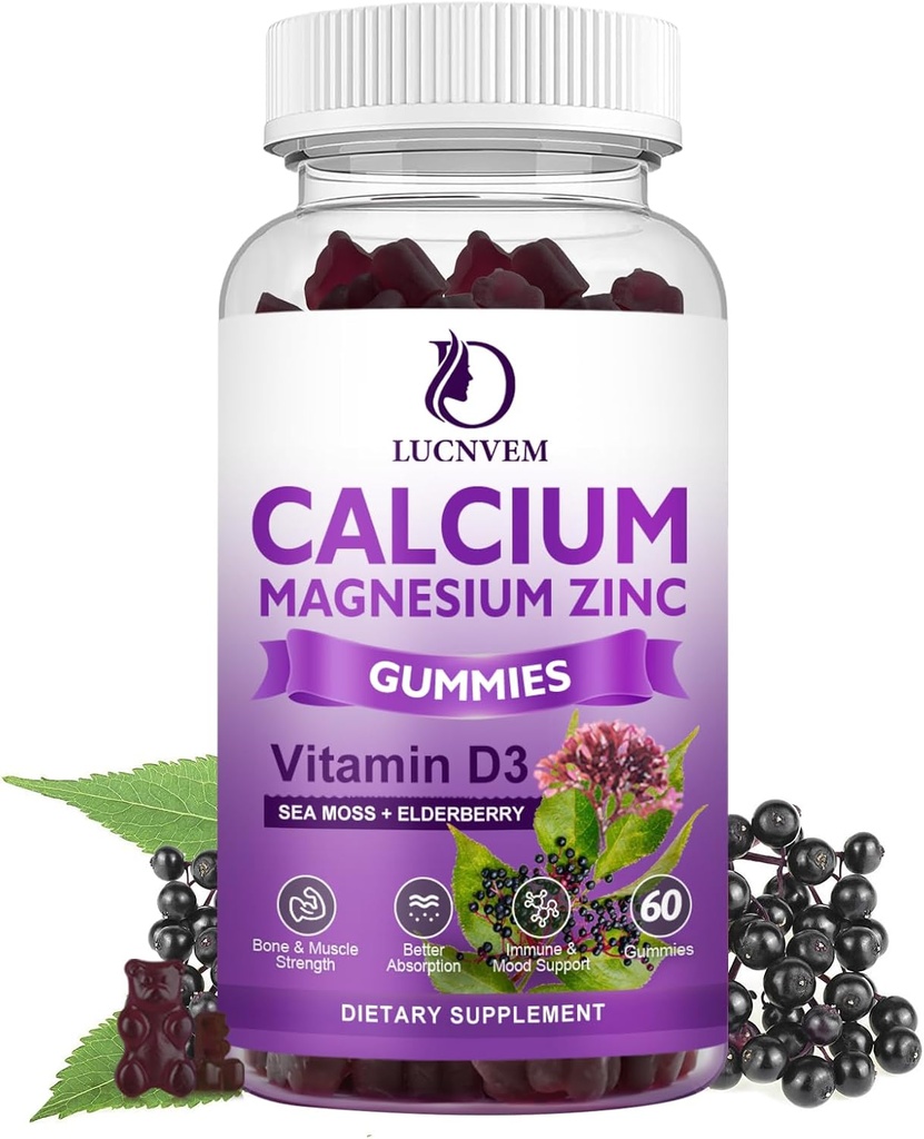 Suhkruvaba Kaltsium Magneesium Tsink Kummid Elderberry ja Sea Sammal, Kaltsium Magneesium 2:1, Magneesium Glütsinaat, kaalium ja D3-vitamiin Luud, Lihased, Rahulik meeleolu ja une toetus, 60 Gummies