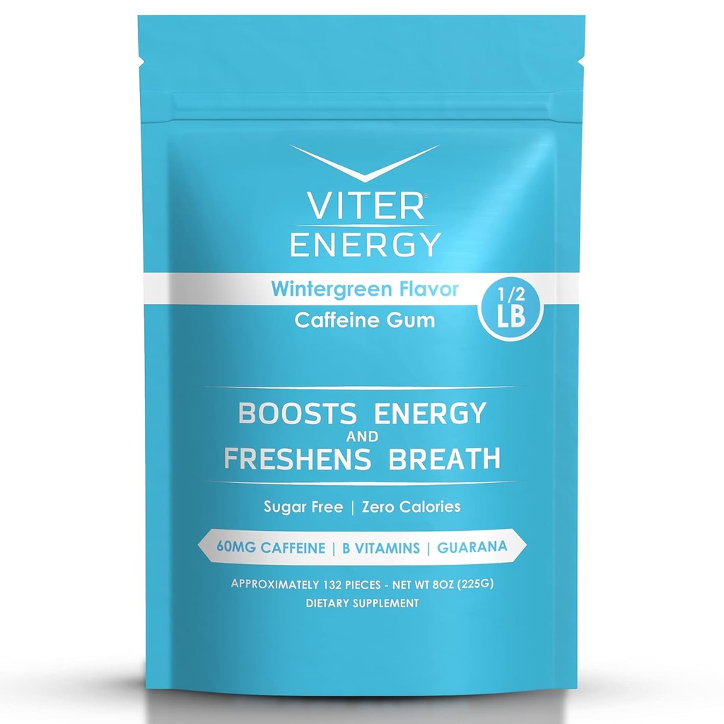 Viter Energy Kofeiinitud Gum 60mg Kofeiin, B Vitamiinid, Guarana, Sugar Free. (Wintergreen, 8oz, Bulk Bag)