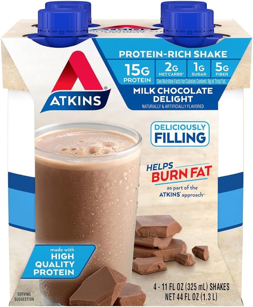 Atkins Milk Chocolate Delight Protein Shake, 15g Valk, Madal Glükeemiline, 2g Net Carb, 1g Suhkur, Keto Sõbralik, 4 Count