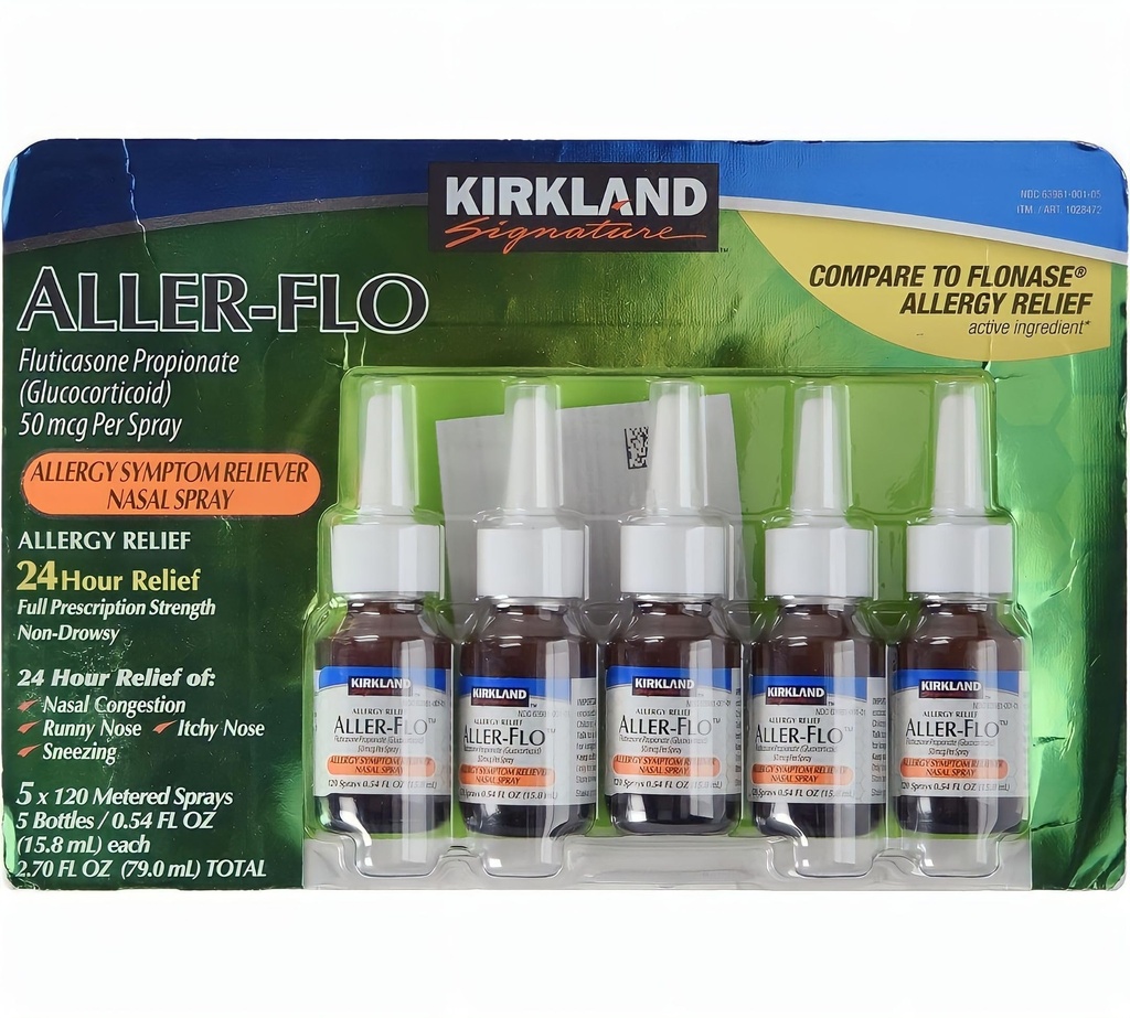 KIRKLANDI allkiri Aller-Flo Fluticasone Propionate (Glucorticoid) 5 pudelit x 120 mõõdetud pihustid 0,54 Fl OZ pudeli kohta (15,8 ml x 5) 2,70 OZ Kokku (79 ml Kokku) 600 Kokku Sprays Total, 1-Pack