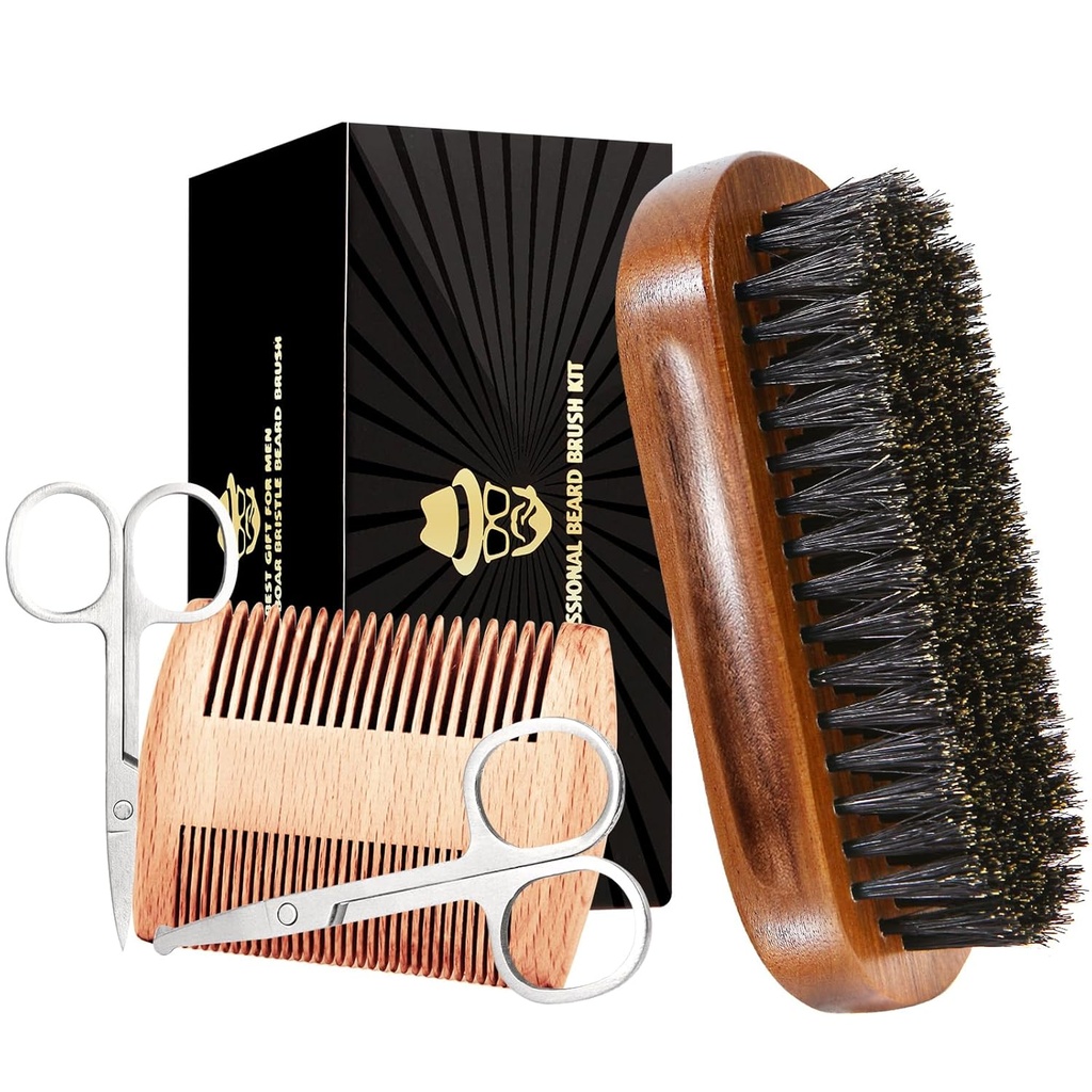 Sosoon Boar Bristle Habemehoolduskomplekt meestele - ristkülikukujuline harja, Comb, 2 Mustache käärid, reisikott