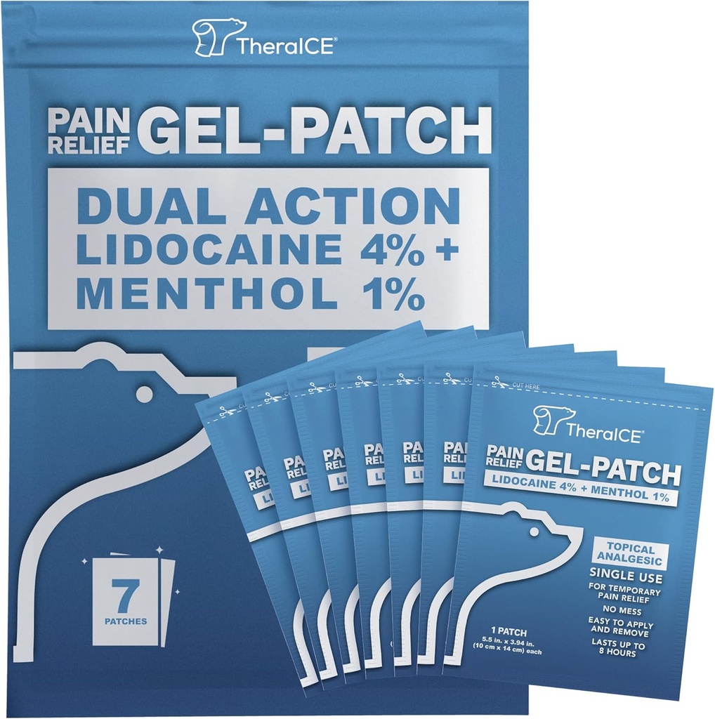 TheraICE Lidocaine Patches Plus Menthol - Maksimaalne tugevus Hot & ICY Külm Relief selja, kaela ja õla valu - 4% Lidocaine + 1% Mentool, suur suurus (7 loend)