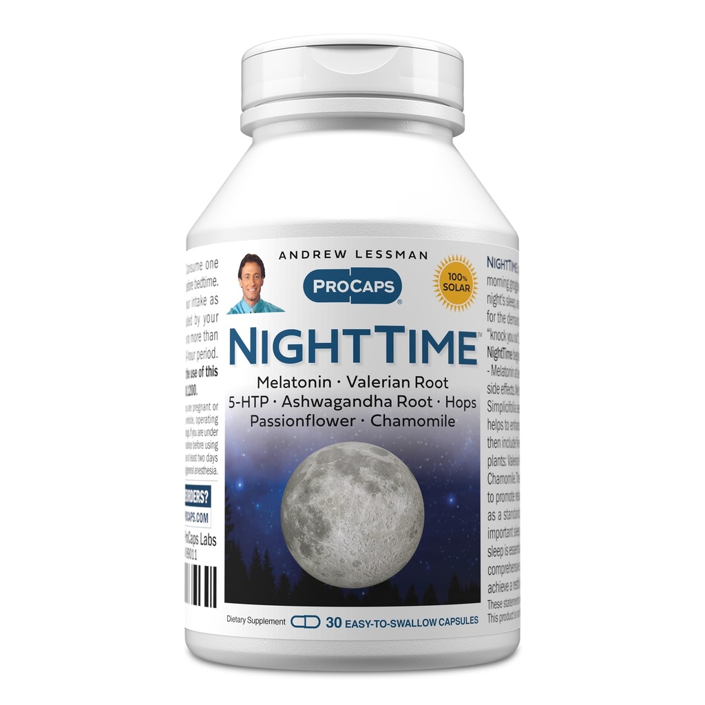 ANDREW LESSMAN Night Time 30 kapslit - 3 mg melatoniin, Valerian, Ashwagandha, Passionflower, Humal, Kummel. Ei mingit hommikust Grogginessi. Looduslik tugi, õrn rahumeelne uni. Kergesti neelatavad kapslid