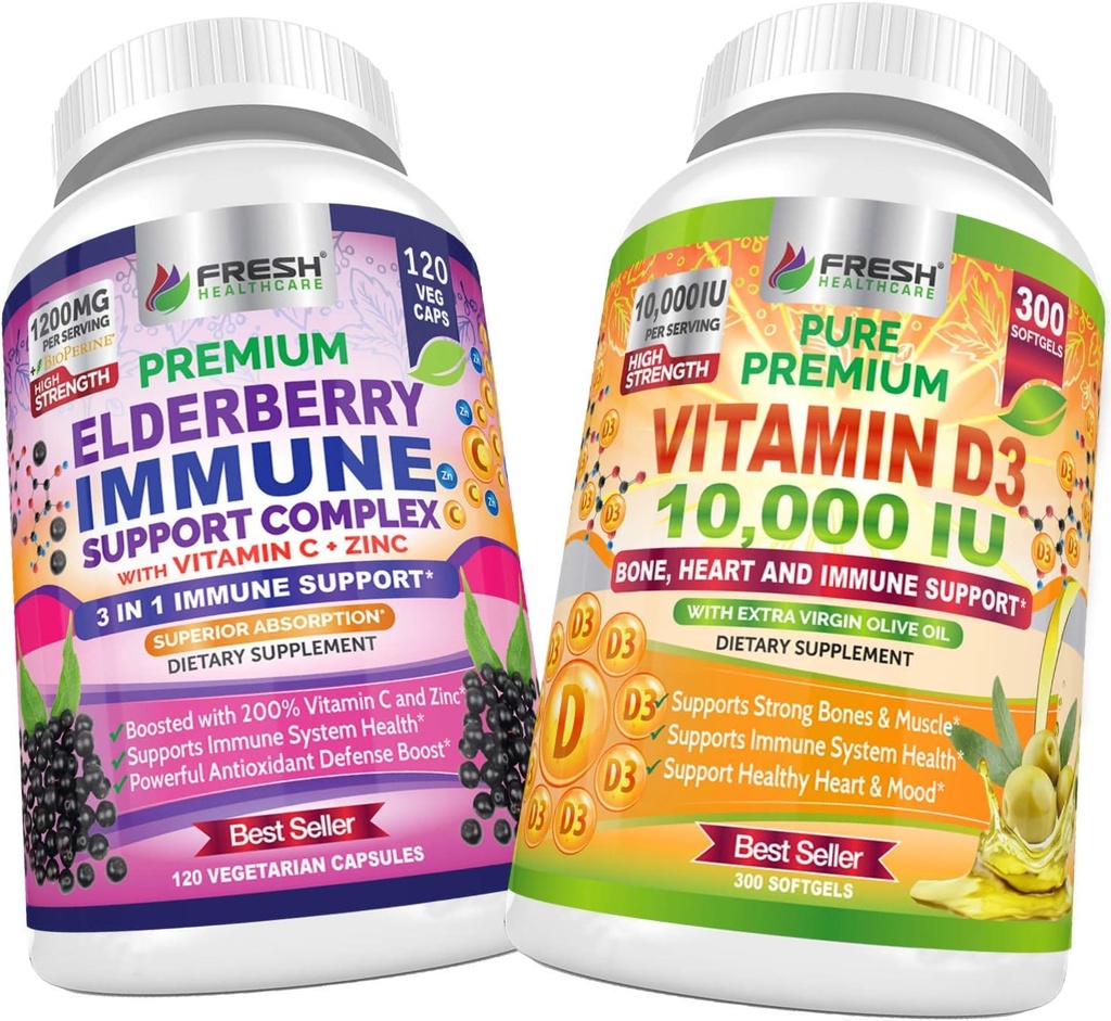 VÄRSKED TERVISHOID Elderberry Immuunsüsteemi tugi ja D3-vitamiin 10 000 RÜ - Bundle