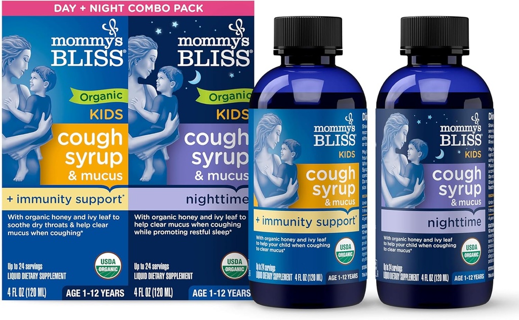 Emme Bliss Organic Cough Syrup & Licus lastele, päev ja öö Combo Pack koos C-vitamiini ja immuunsuse tugi, sisaldab orgaanilist mesi ja Ivy Leaf, 4 Fl Oz (pakk 2)
