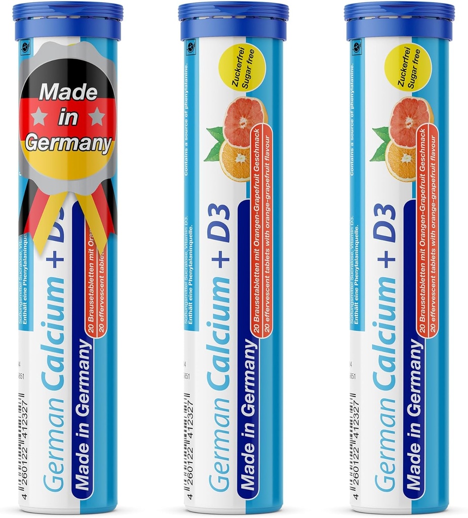 Saksa kaltsium + D-vitamiin Jook kihisevad tabletid 60 serveerimist Apelsini-Grapefruit Maitse - 500 mg Kaltsiumi, 2,5 μg D3-vitamiini - T&D Pharma - Valmistatud Saksamaal