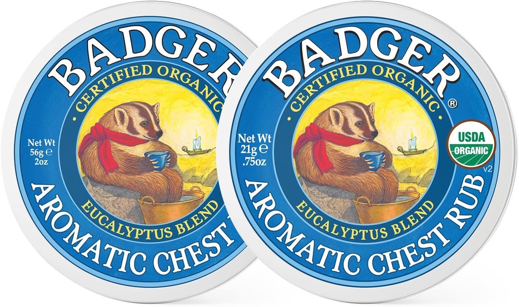 Badger - aromaatne rindkere Rub, Eukalüpt & Mint, sertifitseeritud orgaaniline, rahustav auru Rub koos Eukalüpti eeterlike õlidega, Baby Rindkere Rub, Vapor Rub salv, 0,75 oz - 2-Pack