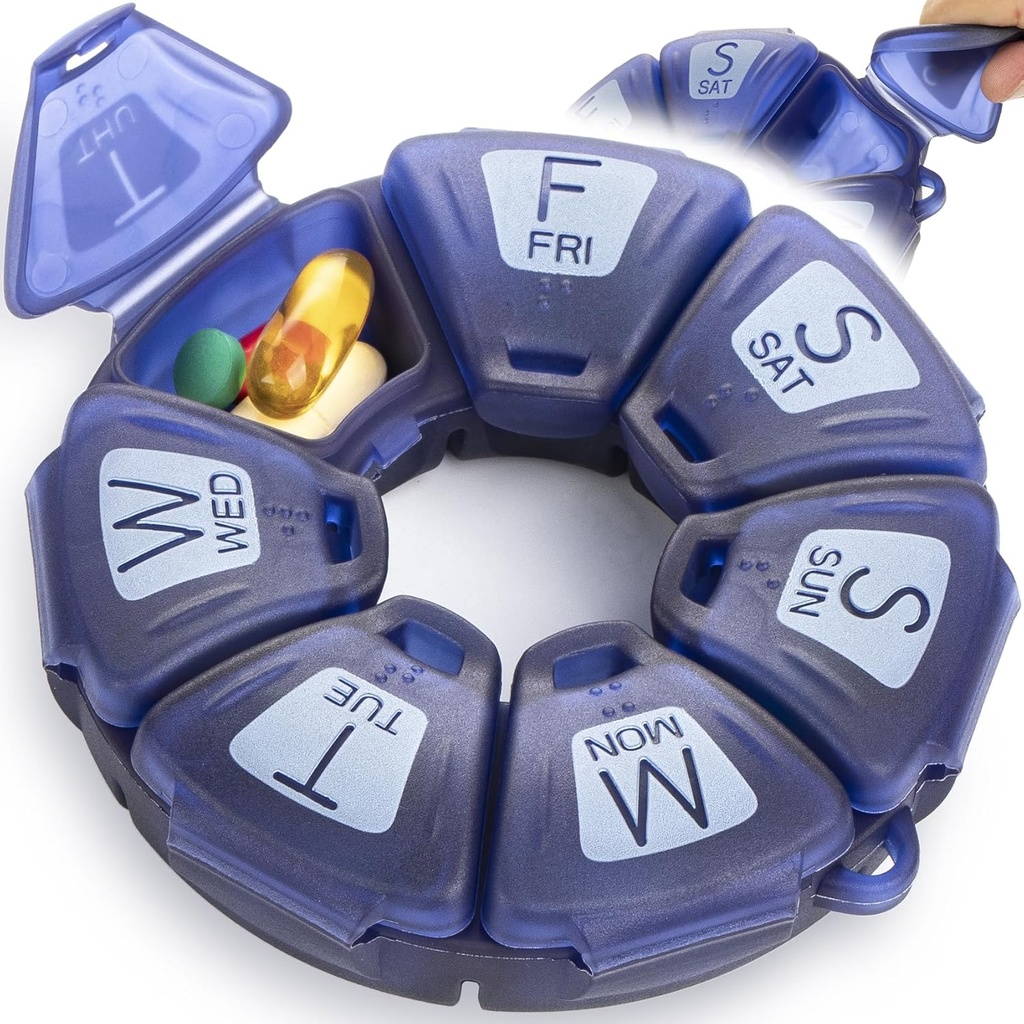 Round Weekly Pill Korraldaja, TPU Kummeeritud, Reisipillide konteiner 7 päeva, 7 suurt komponenti, suurepärane igapäevaste vitamiinide ja toidulisandite, Cute Pill Case suurte tähtedega ja Braille (sinine)