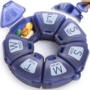 Round Weekly Pill Korraldaja, TPU Kummeeritud, Reisipillide konteiner 7 päeva, 7 suurt komponenti, suurepärane igapäevaste vitamiinide ja toidulisandite, Cute Pill Case suurte tähtedega ja Braille (sinine)