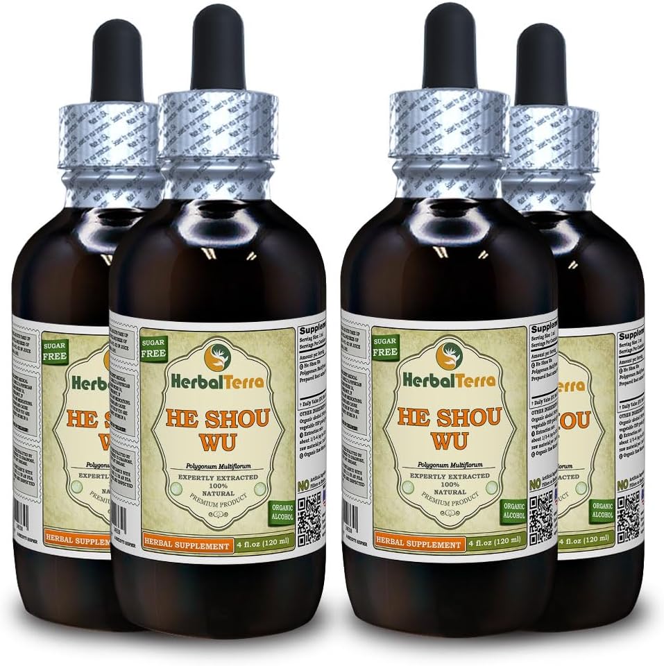 He Shou Wu, Fo Ti (Polygonum Multiflorum) tinktuur, orgaaniline kuivatatud kuivatatud juurevedeliku ekstrakt (Brand Name: HerbalTerra, Proudly Made in USA) 4x4 fl.oz (4x120 ml)