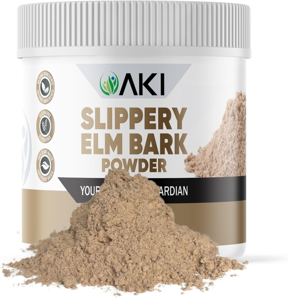 AKI Slippery Elm Bark Pulber - Taimepõhine valk, rahustav ravim seedetrakti heaolu ja kurgu mugavuse jaoks - Vegan-sõbralik, gluteenivaba, mitte-GMO ja kunstlikest lisaainetest vaba (4oz/113g)