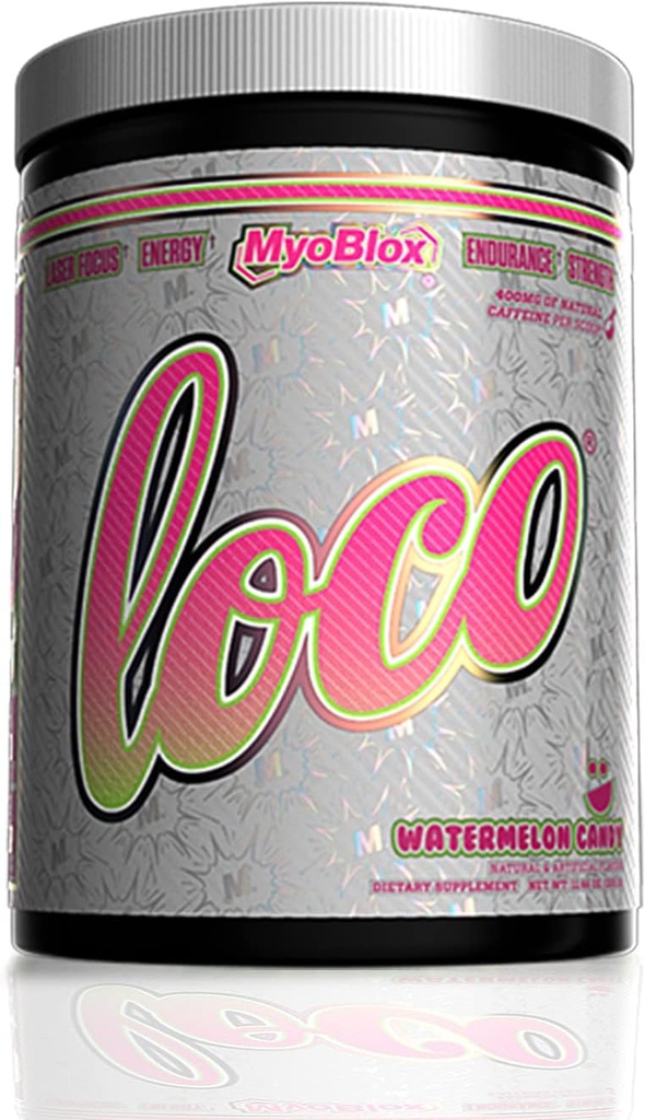 MyoBlox LOCO® Pre-Workout Lämmastikoksiidi Booster | Toetab Lihaspumpasid Ja Suurendatud Vaskulaarsust | Energia, Keskendumise Ja Intensiivsuse | 400mg Looduslikku Kofeiini Scoopi kohta (Watermelon Candy)
