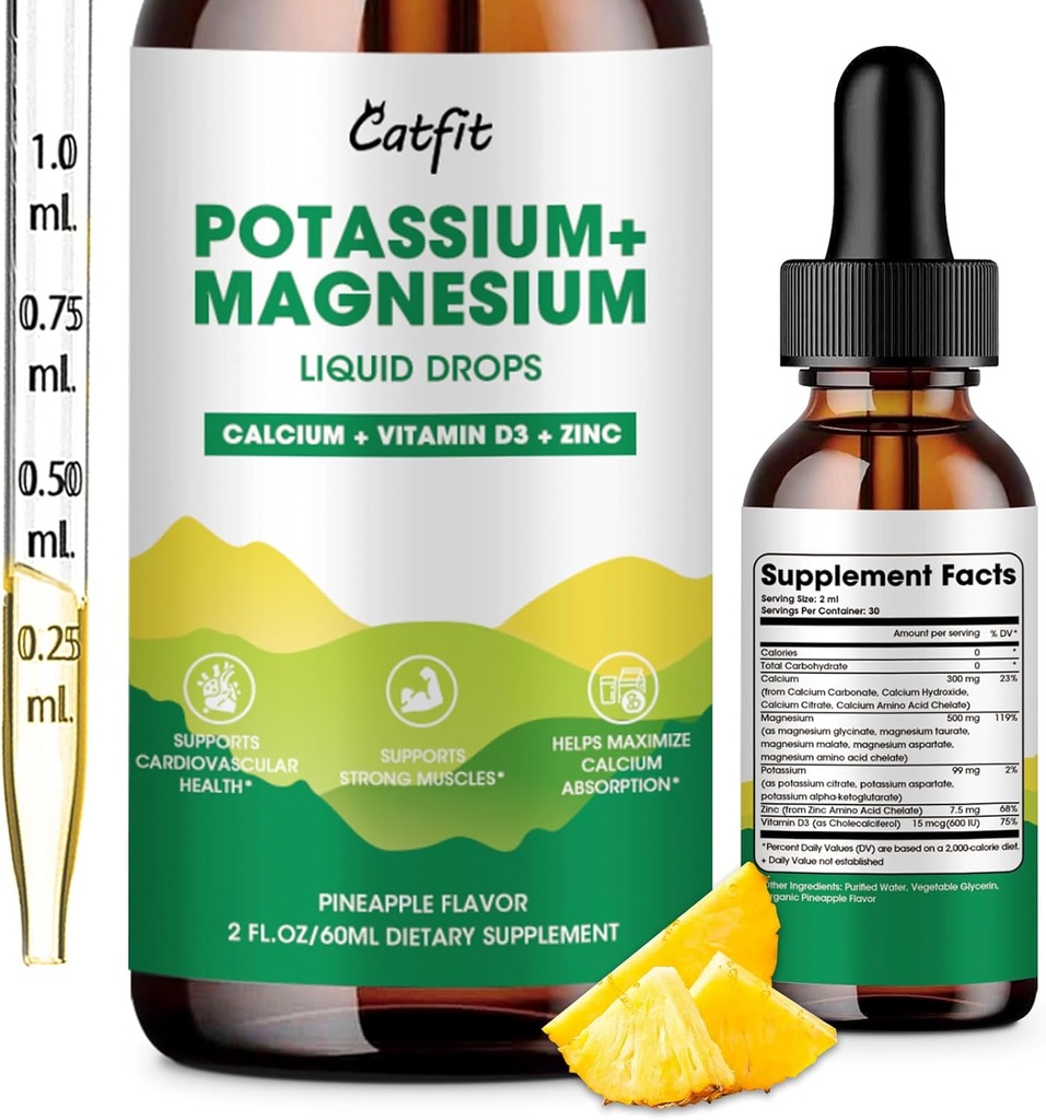 Kaalium Magneesium Glütsinaat Täiendav imendumine Magneesiumkompleks Vedel tilk kaltsiumi, kaaliumi, D3-vitamiini ja tsink magada, jalad krambid, lihased ja energia, Suhkruvaba & Vegan 2 Fl Oz