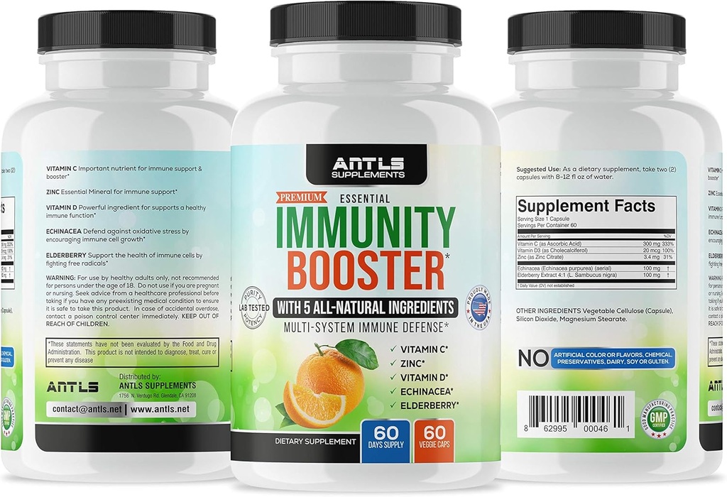 Immunity Supplement, Vitamiin C, D3, Tsink, Elderberry, Echinacea kapslid
