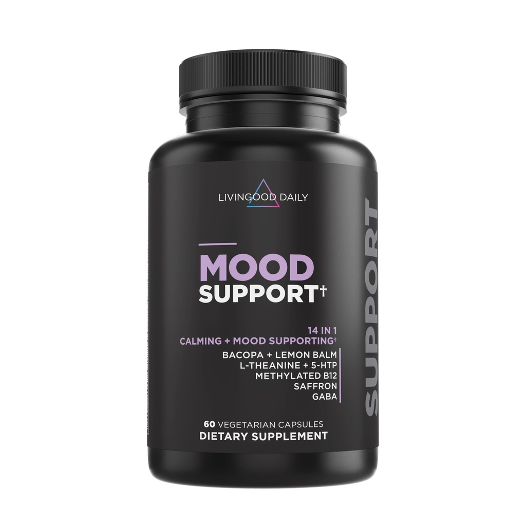 Livingood Daily Mood Support Supplement for Women & Men, 14-in-1 valem L Theanine, Lemon Balm, GABA, Saffron, 5-HTP & B12, toetab fookust ja emotsionaalset heaolu, Gluteenivaba, Vegan, 60 kapslit