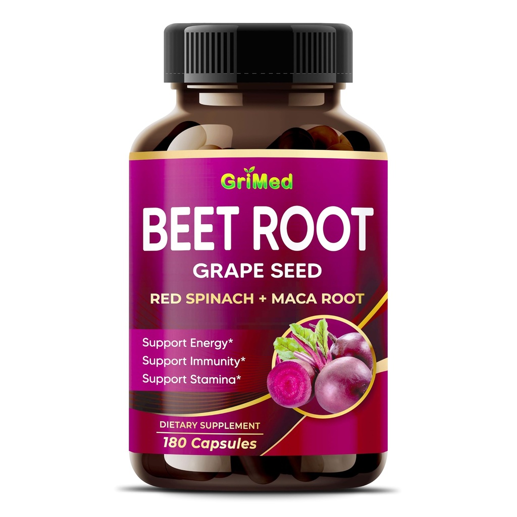 GriMed Beet Juur viinamarjaseemne ekstraktiga, Maca Juur, Red Spinach & Ashwagandha – 180 köögiviljakapslit