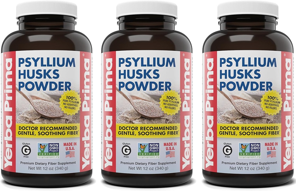 Yerba Prima Psyllium Husks Pulber - 12 oz (3. pakk) - looduslik kiudainelisand - värvipuhastus - vegan, GMO-vaba, gluteenivaba (uus etikett - pakend võib erineda)