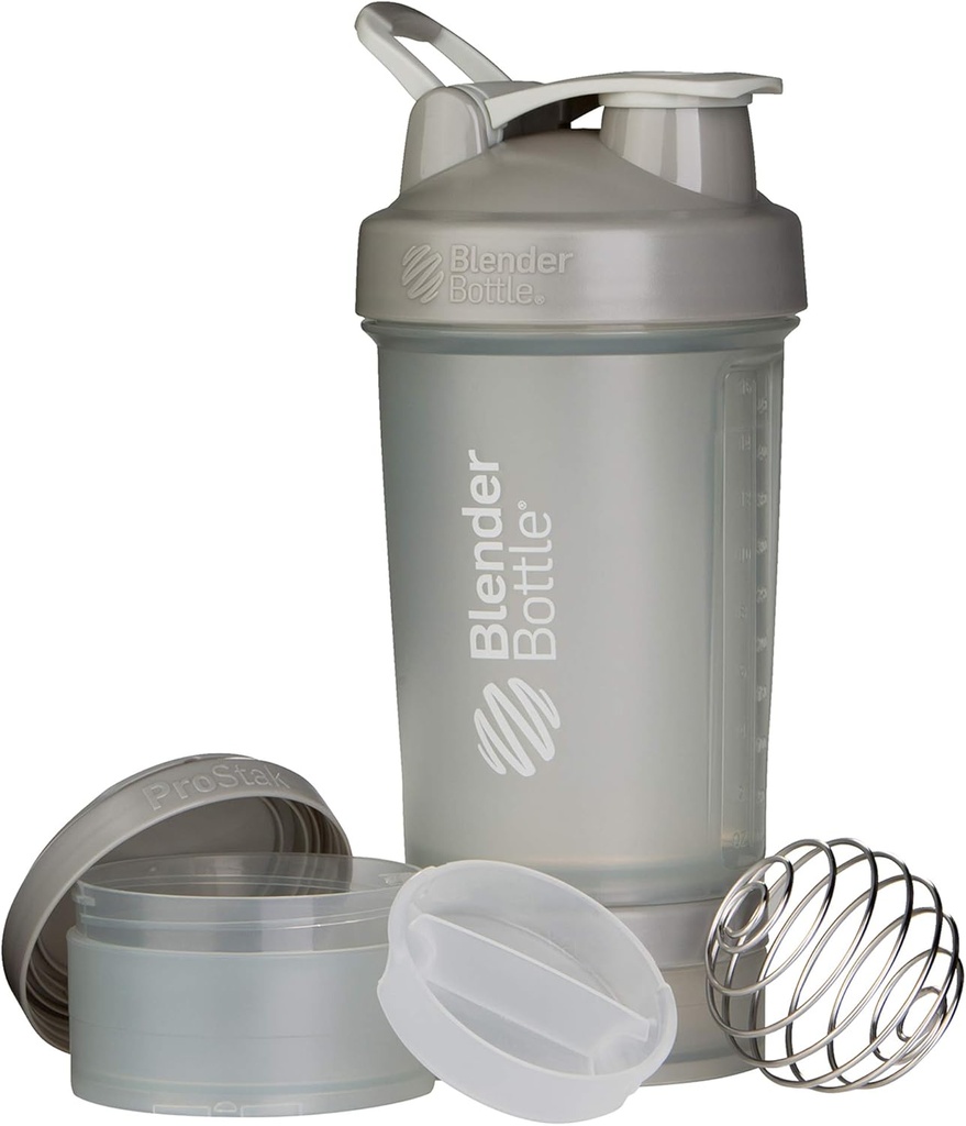 BlenderBottle Shaker Bottle with Pill Organizer and storage for Protein Powder ProStak System, 22-Ounce, Pebble Grey