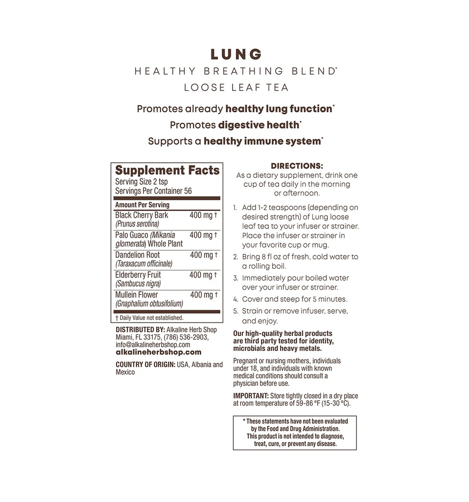 Leeliseline ürdipood - Happy Lung Tea Supplement - Valmistatud looduslikest looduslikest looduslikest maitsetaimedest - Mullein, Elderberry, Dandelion Root, Wild Cherry Bark. & Guaco - Vegan - Gluteenivaba - 4 Oz Loose Leaf Taimne tee