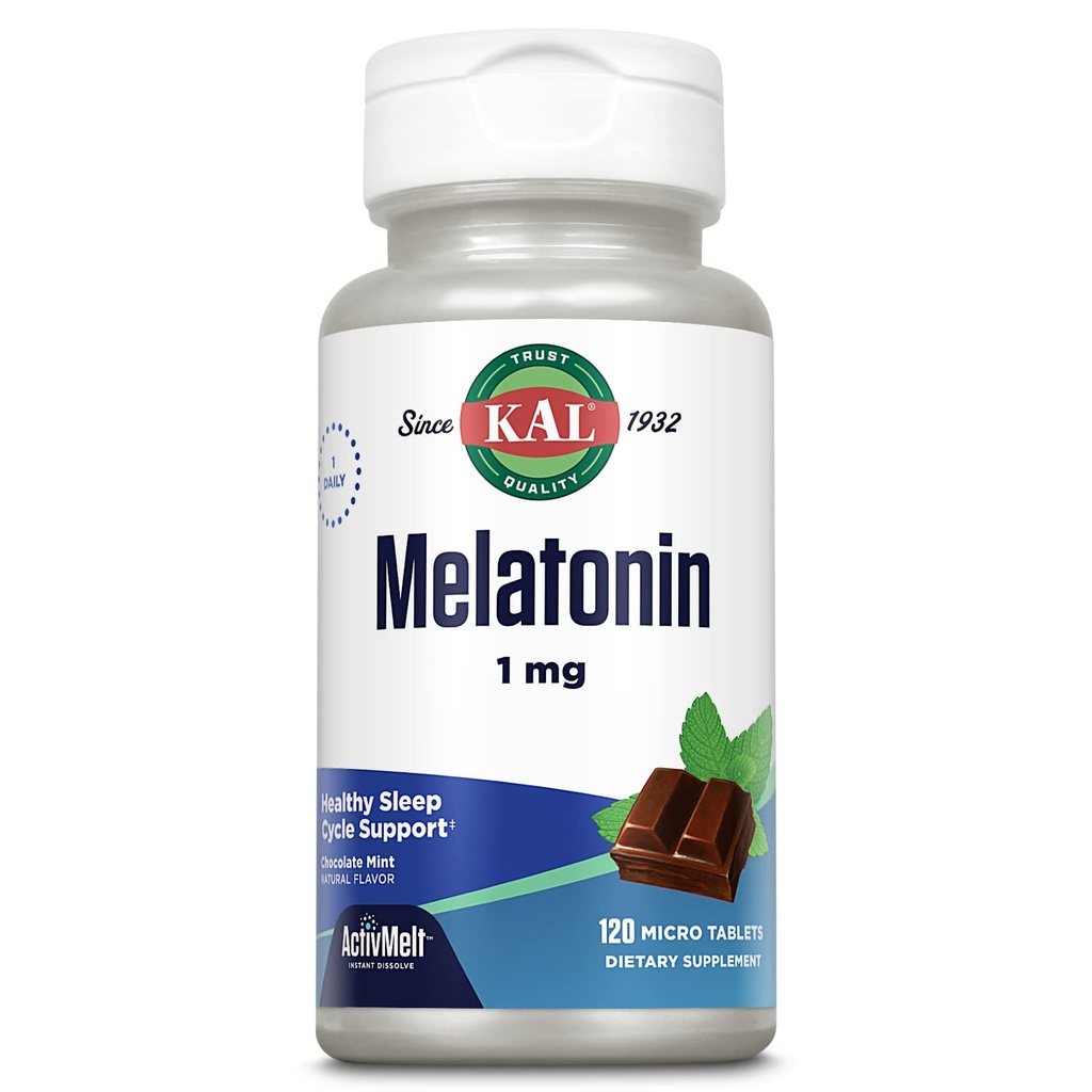 KAL melatoniin 1mg uneabi, melatoniini lisand toetab rahustavat lõõgastust ja tervislikku unetsüklit, kiiret lahustumist ActivMelts, looduslik šokolaadimündi maitse, taimetoitlane, 120 Serv, 120 Micro Tabs