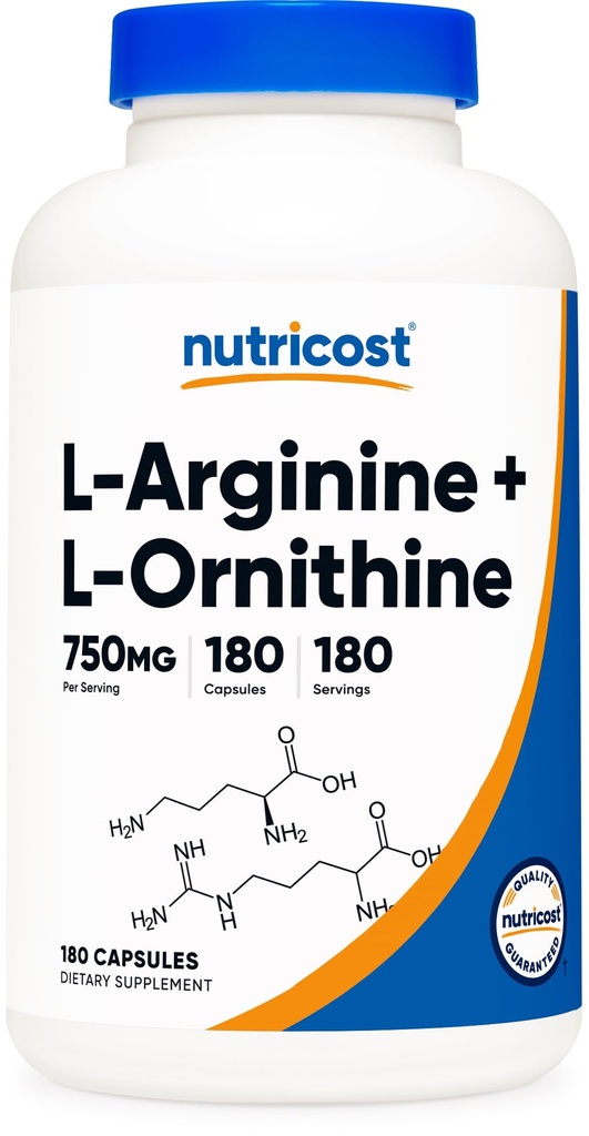 Nutricost L- Arginine L- Ornitiin 750 mg; 180 kapslit