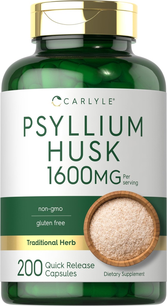 Carlyle Psyllium Husk kapslid 1600mg | 200 Count | High Potency Fiber Supplement | Non-GMO, Gluteenivaba