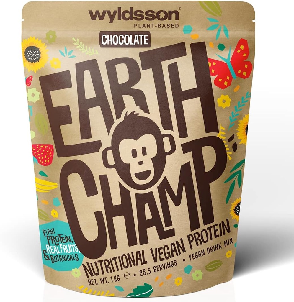 Veganvalgupulbrid (1kg) - 28 Servingut - Wyldssoni EarthChamp - Taimne šokolaadipõhine šokolaadivalgu pulber Shake - Piimavaba - Laktoosivaba (Choc)