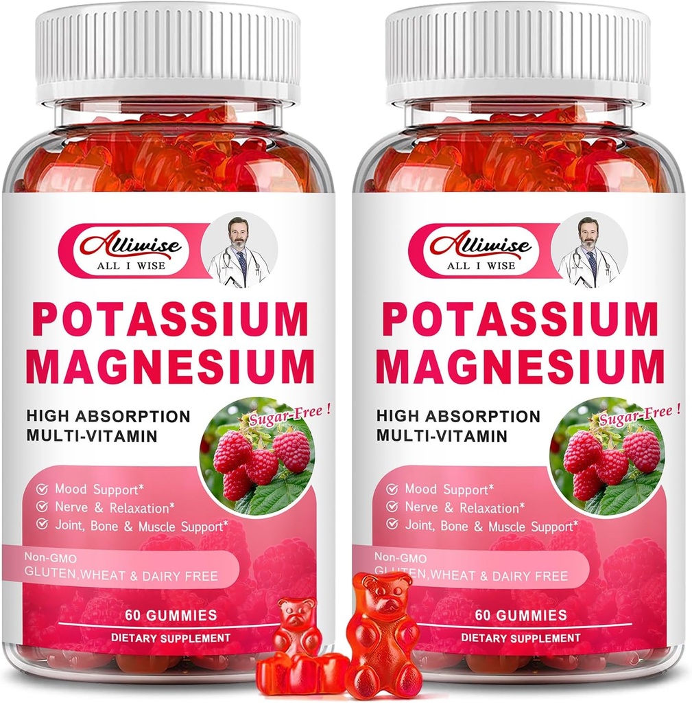 2 Pack Kaalium Magneesium Supplement Gummies - Kaaliumtsitraat & Magneesium Glütsinaat jalgade krampide ja lihaste, meeleolu ja lõõgastav, energia toetus vitamiin B6, D3, C Vaarika Maitse