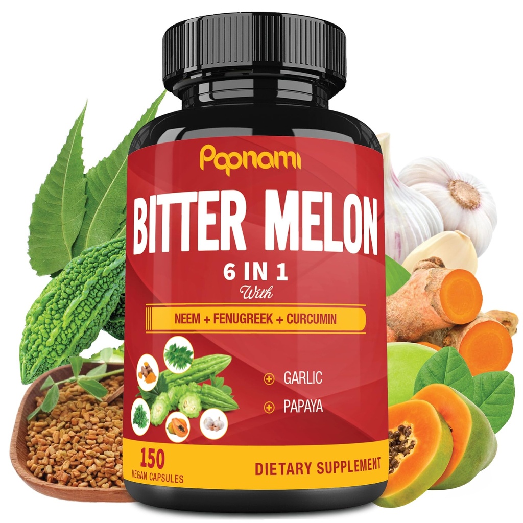 Orgaaniline mõru melon ekstrakt kapslid - Kombineeritud neem, lambalääts, kurkumiin, küüslauk ja Papaya - 150 loendada 5 kuud - toetab keha, seedetrakti, nahka, immuunsust ja üldist heaolu