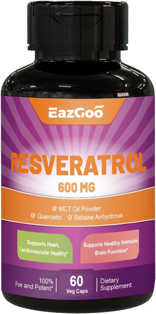 Resveratrool 600 mg , Trans- Resveratrooli lisand , antioksüdantne tervise vananemise tugi , 60 kapslit