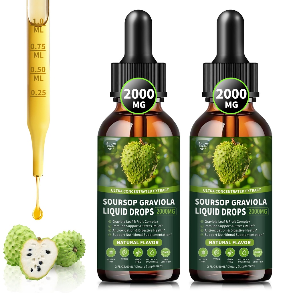 (2 Pack) Soursop Graviola Liquid Drops 2000mg , 98% Absorption for Cell Support & Regeneration , Immune Boost , Maks , Herbal Goodness , Soursop Bitters Vedel- Suhkru / Gluteenivaba , looduslik maitse , 4 Fl Oz