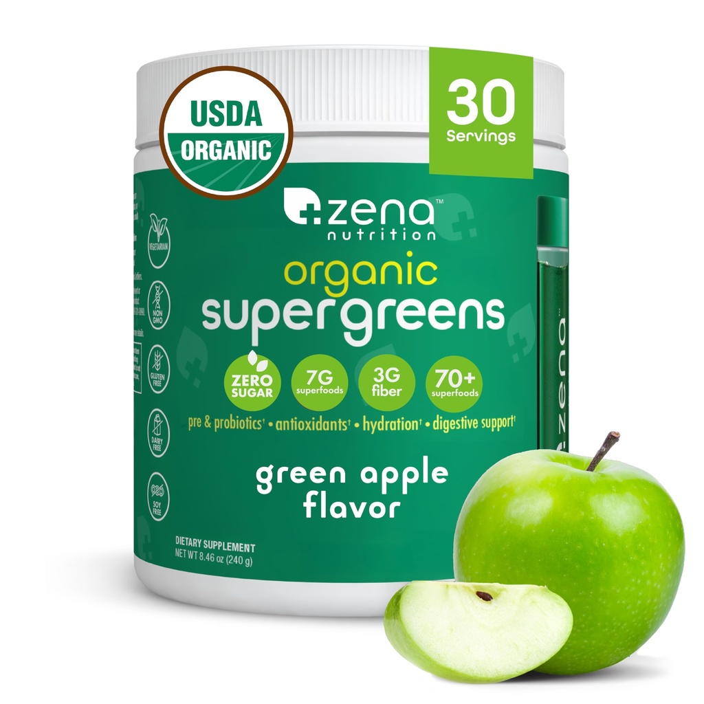 Zena Nutrition Organic Super Greens Powder, 70+ Superfoods, 0 Sugar, 3G Fiber, Spirulina, Chlorella, seened, prebiootikumid / probiootikumid, seedetrakti ensüümid soolestiku tervisele, roheline õun, 30 Servings
