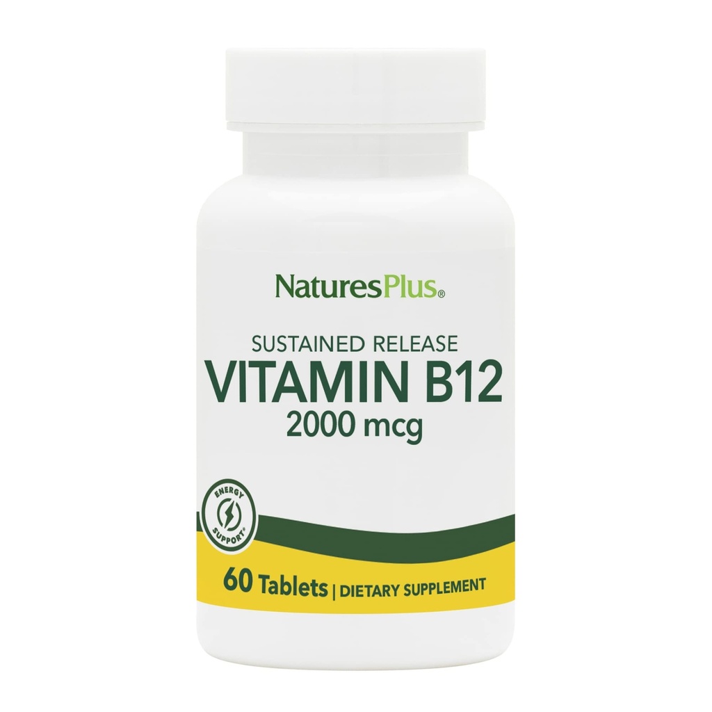 Natures Plus Vitamiin B12 (metüülkobalamiin), Püsiv vabanemine - 2000 mikrogrammi, 60 taimset tabletti - kõrge tugevusega punaste vereliblede toetus - looduslik energia suurendaja - gluteenivaba - 60 serveerimist