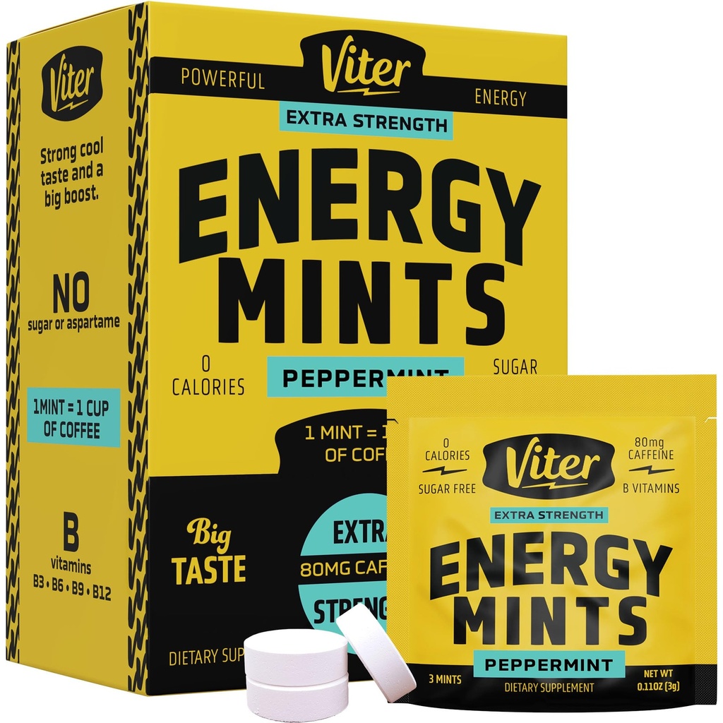 Viter Energy Kofeiin Mints 80mg ekstra tugevus - 90 tükki kofeiiniga B-vitamiine. Sugar Free Vegan Breath Mint. Energize Nootropic Focus Booster kiireks häireks (Peppermint Flavor, 30 Pack)