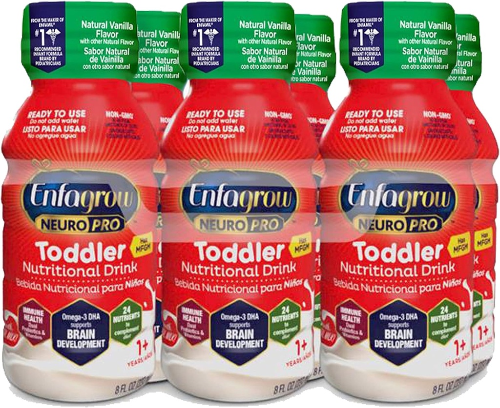 Enfagrow NeuroPro väikelapse toitumisjook, Vanilla maitse, Omega-3 DHA aju toetamiseks, prebiootikumid ja vitamiinid immuunsüsteemi tervise jaoks, kasutusvalmis pudelid, 8 Fl Oz, 6 loend
