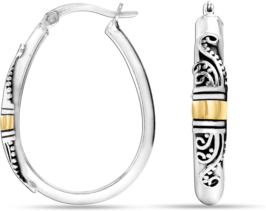 LeCalla 925 Sterling Silver Bali-Style Hoop Kõrvarõngad Kergekaalulised Click-Top Antique Kahetooniline Beaded Itaalia Bali stiilis Kõrvarõngad Naistele