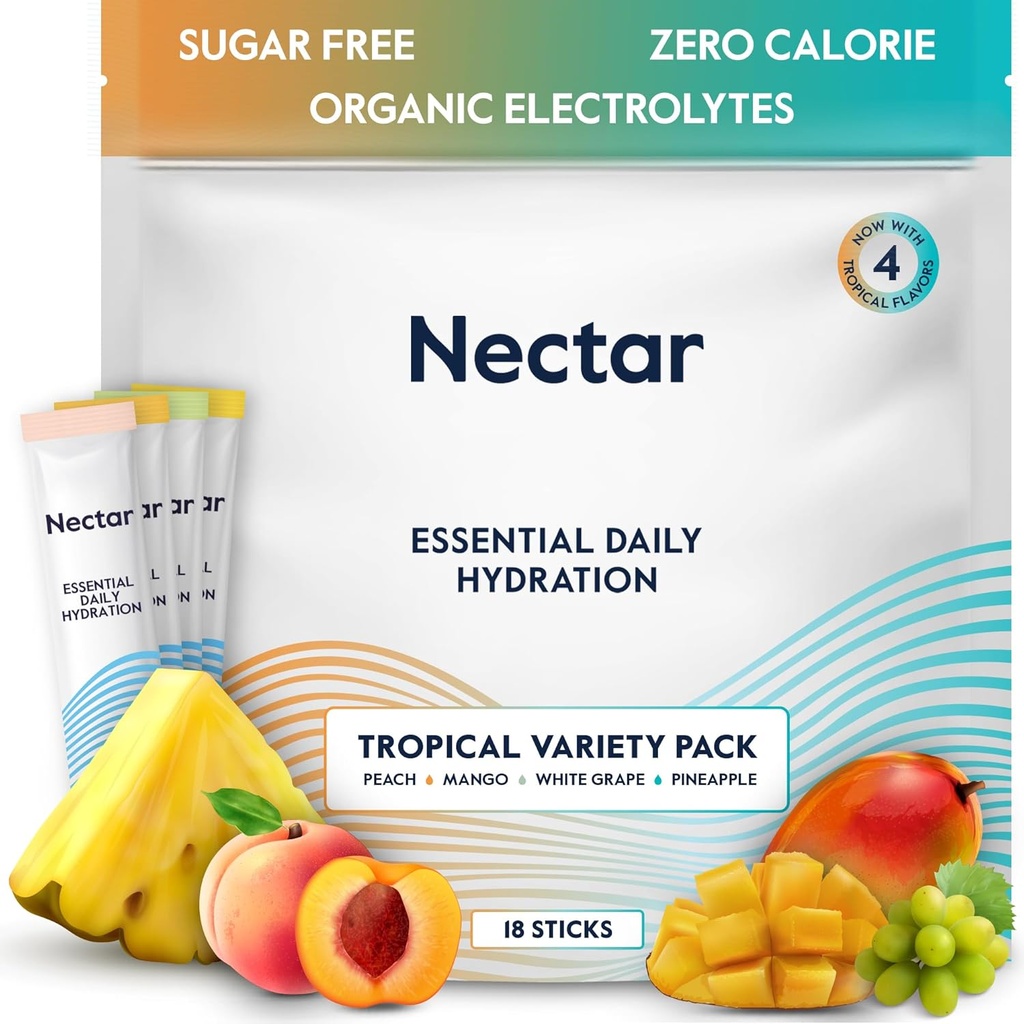 Nectar Hydration Packets - Electrolytes Powder Packets - Sugar Free & 0 Calorie - Organic Fruit Vedel Daily IV Hydrate Sticks for Dehüdration & Rehüdration Relief (Tropical 18 Pack)
