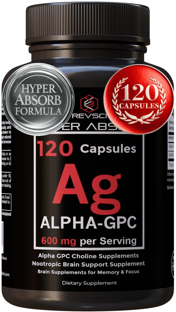 Alpha GPC täiendus ja bioperiin hüperabsorptsiooni jaoks - 120 Count, Alpha-GPC 600mg per Serving - Nootroopika mälu, fookuse, energia ja ajami jaoks - koliinilisandid atsetüülkoliini suurendamiseks, valmistatud USA-s