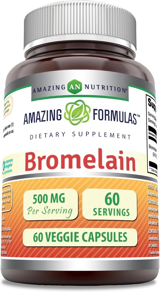 Amazing Formulas Bromelain 500mg 2400 GDU, 60 Veggie kapslid | Non-GMO | Gluteenivaba | Valmistatud USAs | Ideaalne taimetoitlastele