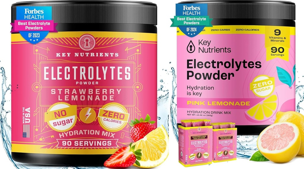 PÕHITOITAINED Elektrolüüdid ja multivitamiini hüdraat pulbripakend – mahlane maasikasidimonaat ja värske roosa limonaadi elektrolüütpulbrid (90 serveerimist igaüks) – suhkruvabad, Keto-sõbralikud, ilma kaloriteta