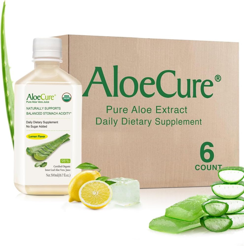 AloeCure USDA orgaaniline Aloe Vera mahl Sidrunmaitse - valmistatud 12 tunni jooksul saagikoristusest - looduslik seeditav toidulisand tasakaalustatud kõhuhappele - seedetrakti ja immuunsüsteemi tervise toetamine, 6 Btls x 16.7oz