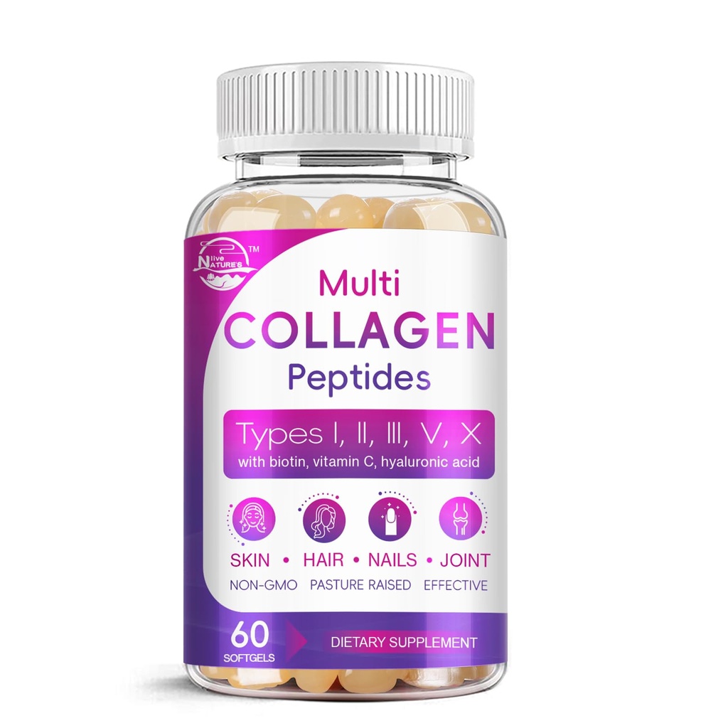 Multi kollageenpeptiidide softgel - tüüp I, II, III, V, X - hüdrolüüsitud kollageenpeptiidid biotiiniga, vitamiin C, hüaluroonhape, toetab naha karvaküünte, rohusööt, mitte-GMO, 60 Softgel, 1 pakend