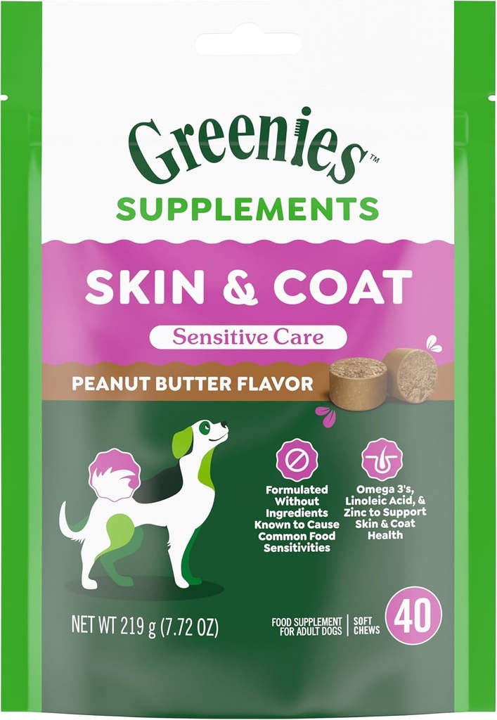 Rohelised Tundlik hooldus Naha ja mantli lisand koertele kalaõliga Koertele Kanavaba Formula Dog Supplement, Maapähklivõi maitse, 40-Count Soft Chews